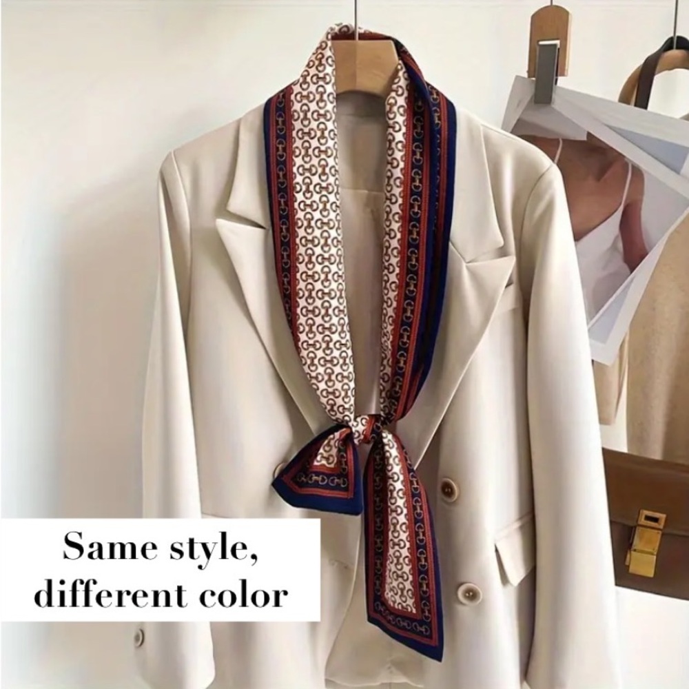 New Long Multipurpose Saddle Print Scarf Silk Like Green Cream Brown Stripe - Picture 8 of 13